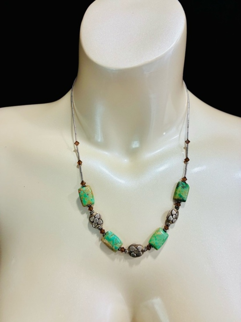 Handcrafted Turquoise Bead Necklace - Green Turquoise and Silver Floral Accents